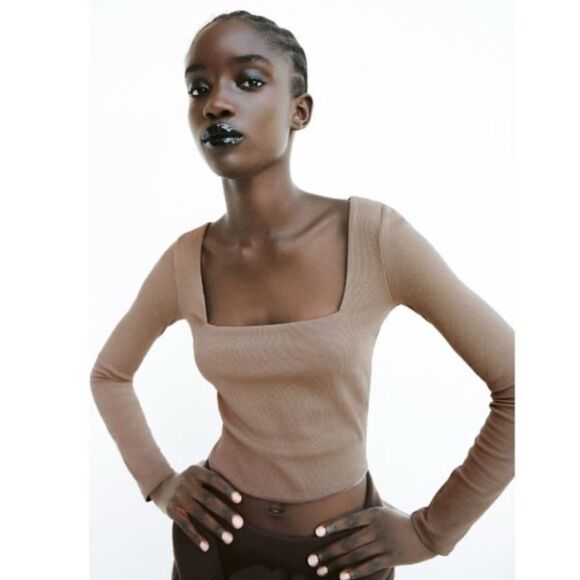 Zara Square Neck Ribbed Cropped Ling Sleeve Top Tan Size M - Picture 1 of 5